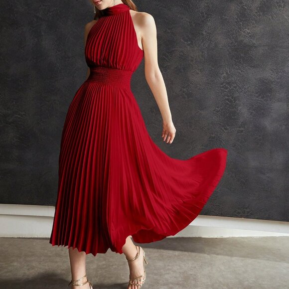 Red Party Women's Shirred Waist Halter Neck Pleated Long Dress - Picture 5 of 7